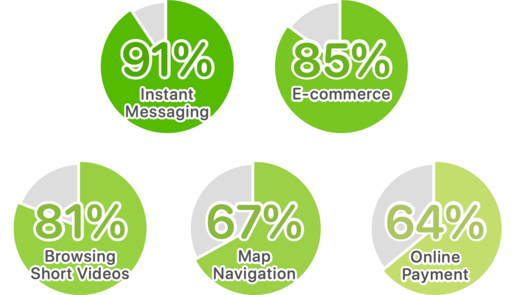 What seniors are doing online: 91% instant messaging; 85% using it for e-commerce; 81% browing short videos; 67% using it for map navigations; 64% using it for online payment